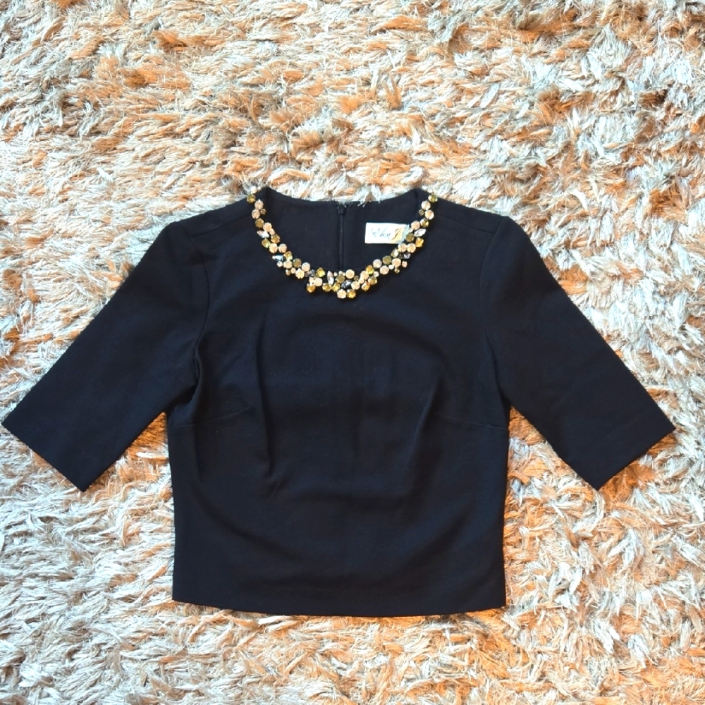 Eliza J Rhinestone Neckline Cropped Black Top